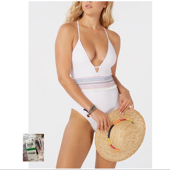 BAR III NWT White Smocked Plunging Swimsuit - Picture 1 of 12